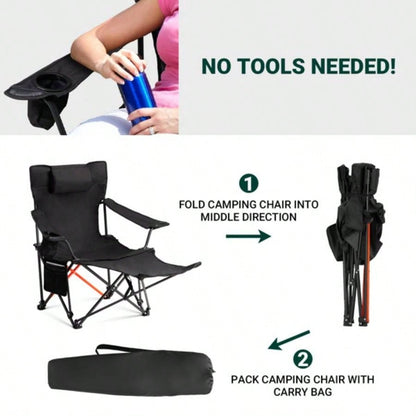 2 Pack 2 - in - 1 Camping Chair Reclining, Lightweight Folding Camping Chair with Adjustable Backrest Removable Footrest, Camping Lounge Chair with Headrest, Cup Holder, Storage Bag, Beach Lawn Conc