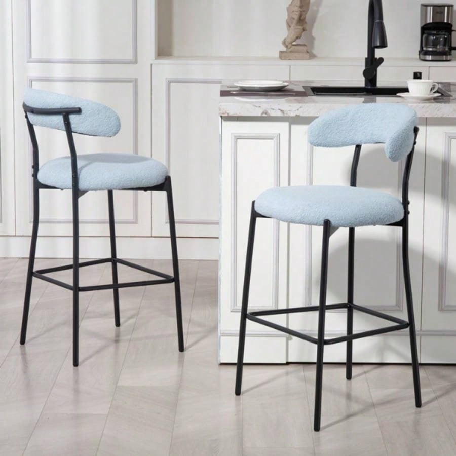 26#39; #39; Counter height bar stools Teddy fabric cover kitchen island counter bar stool with black powder coating base and footrestBLUE