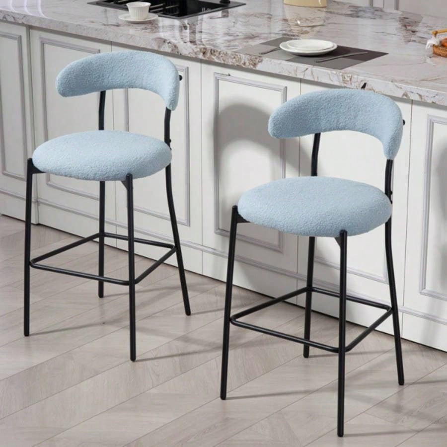 26#39; #39; Counter height bar stools Teddy fabric cover kitchen island counter bar stool with black powder coating base and footrestBLUE