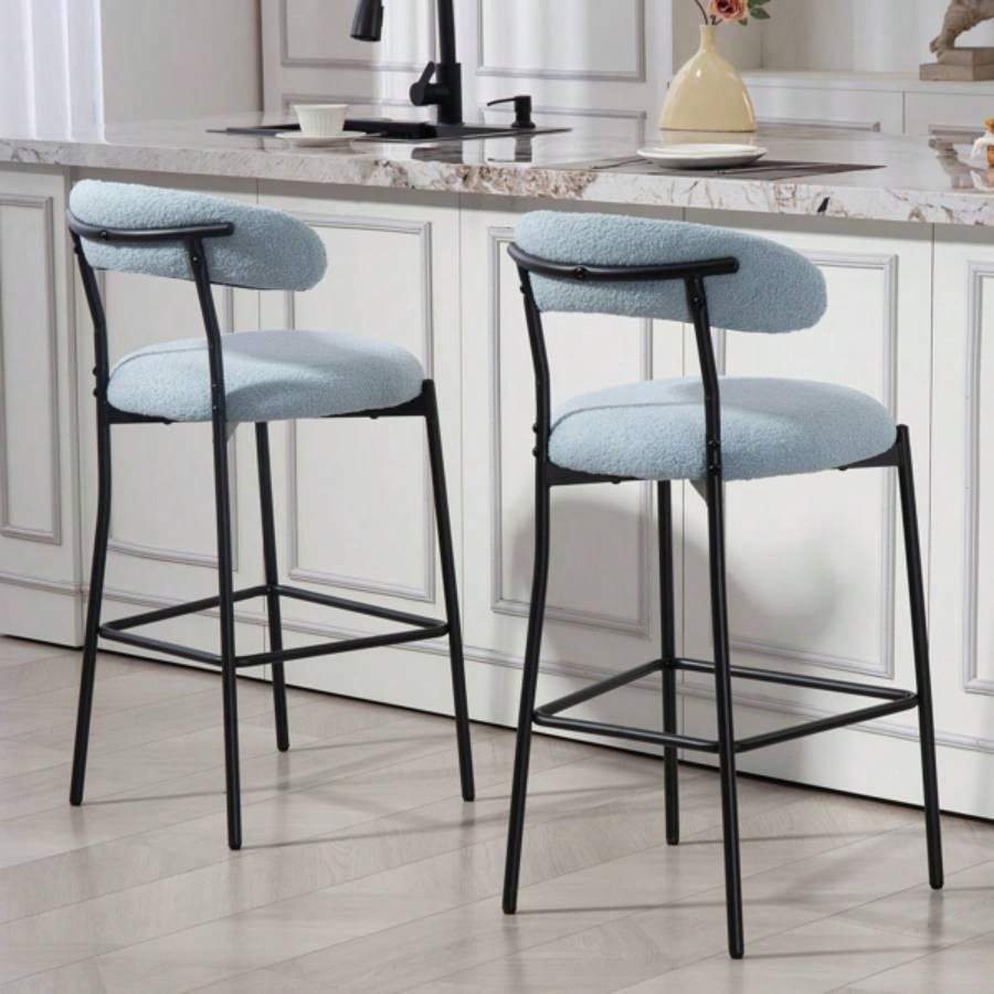 26#39; #39; Counter height bar stools Teddy fabric cover kitchen island counter bar stool with black powder coating base and footrestBLUE
