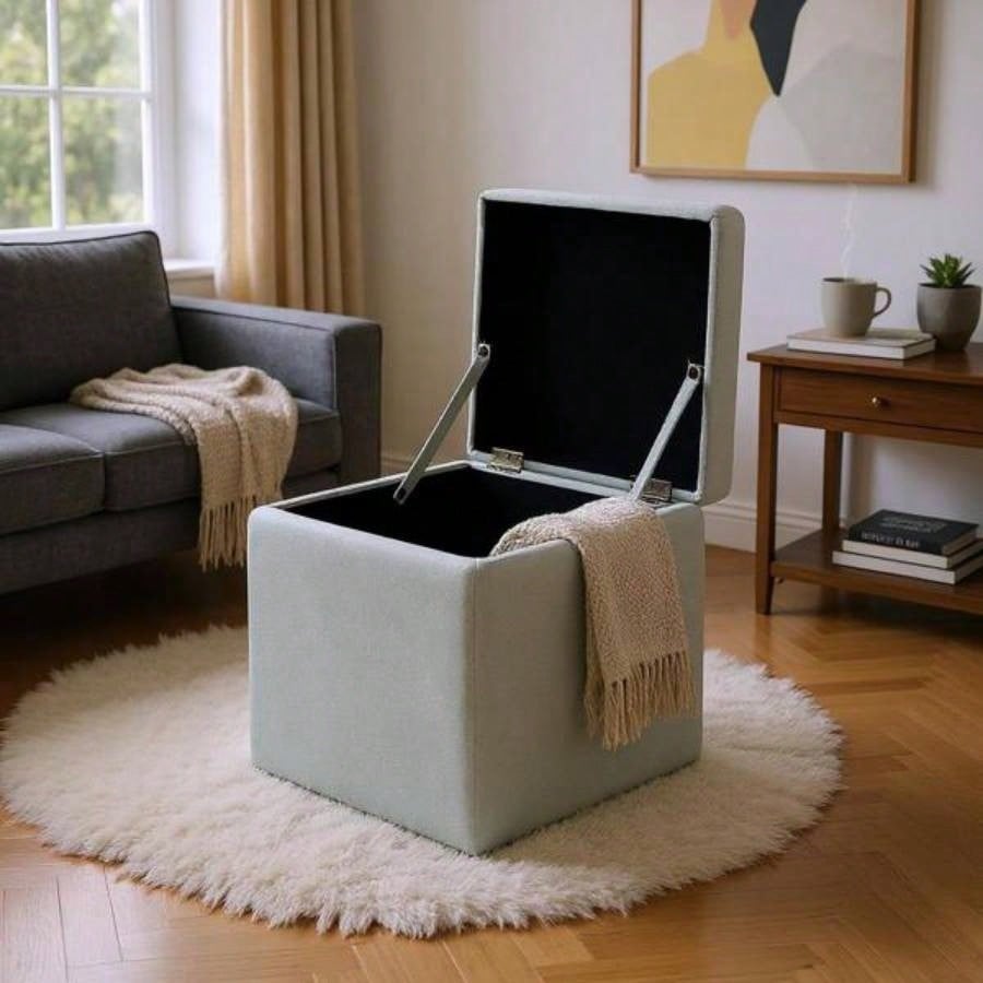 Gray Linen - Textured Storage Ottoman with Black Rubber Feet - Compact Square with Hidden Storage, 42215; 42215; 44cm