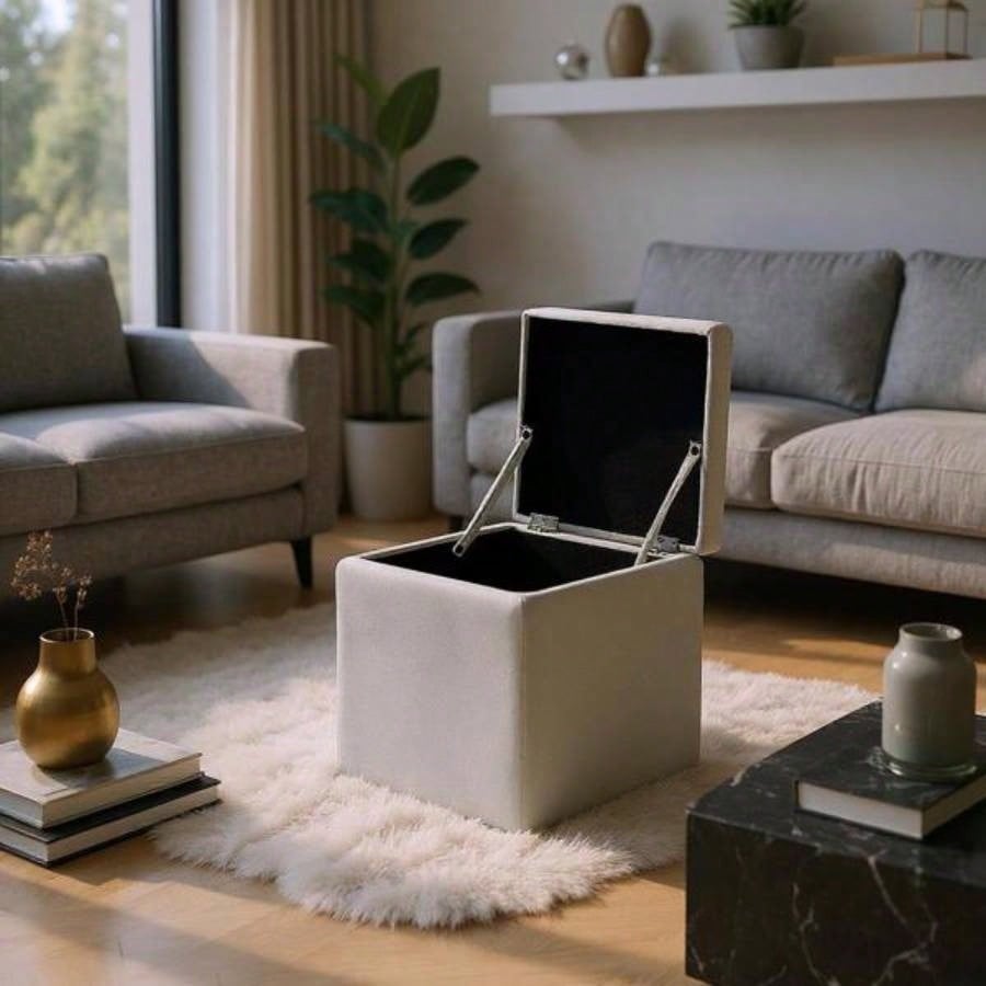 Gray Linen - Textured Storage Ottoman with Black Rubber Feet - Compact Square with Hidden Storage, 42215; 42215; 44cm