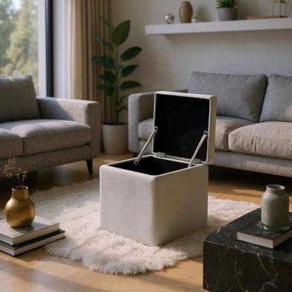 Gray Linen - Textured Storage Ottoman with Black Rubber Feet - Compact Square with Hidden Storage, 42215; 42215; 44cm
