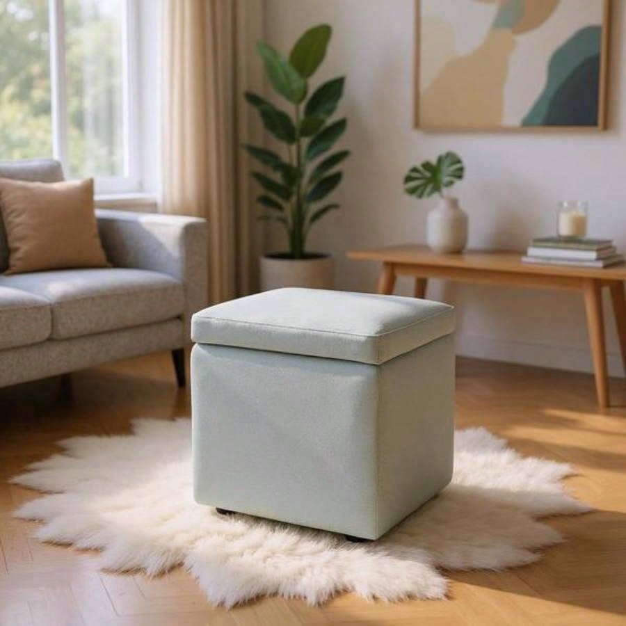 Gray Linen - Textured Storage Ottoman with Black Rubber Feet - Compact Square with Hidden Storage, 42215; 42215; 44cm