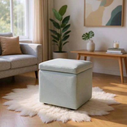Gray Linen - Textured Storage Ottoman with Black Rubber Feet - Compact Square with Hidden Storage, 42215; 42215; 44cm