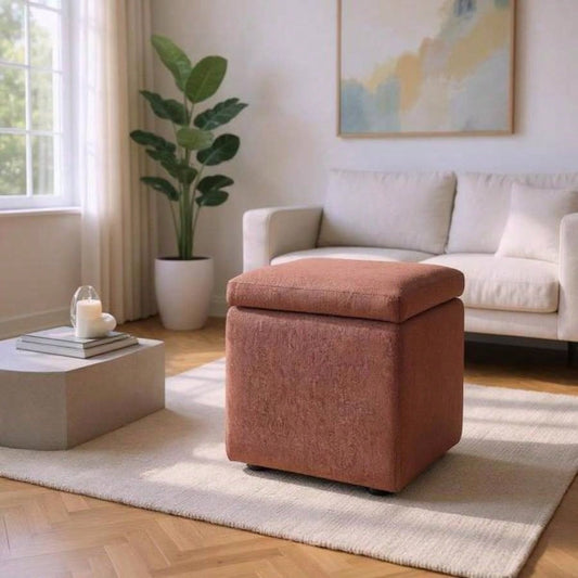 Brown Linen - Textured Storage Ottoman with Black Rubber Feet - Compact Square with Hidden Storage, 42215; 42215; 44cm