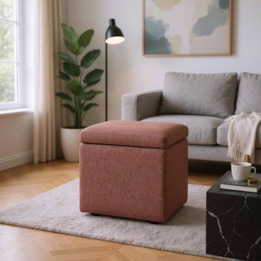 Brown Linen - Textured Storage Ottoman with Black Rubber Feet - Compact Square with Hidden Storage, 42215; 42215; 44cm