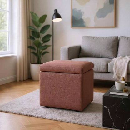 Brown Linen - Textured Storage Ottoman with Black Rubber Feet - Compact Square with Hidden Storage, 42215; 42215; 44cm
