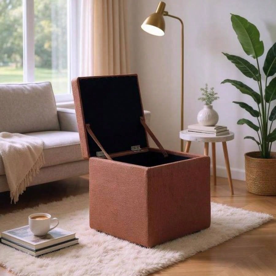 Brown Linen - Textured Storage Ottoman with Black Rubber Feet - Compact Square with Hidden Storage, 42215; 42215; 44cm