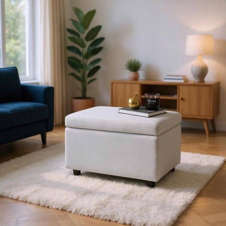 Light Gray Linen - Textured Storage Ottoman with Rubber Feet - 63215; 43215; 43cm Entryway, Bedroom or Living Room