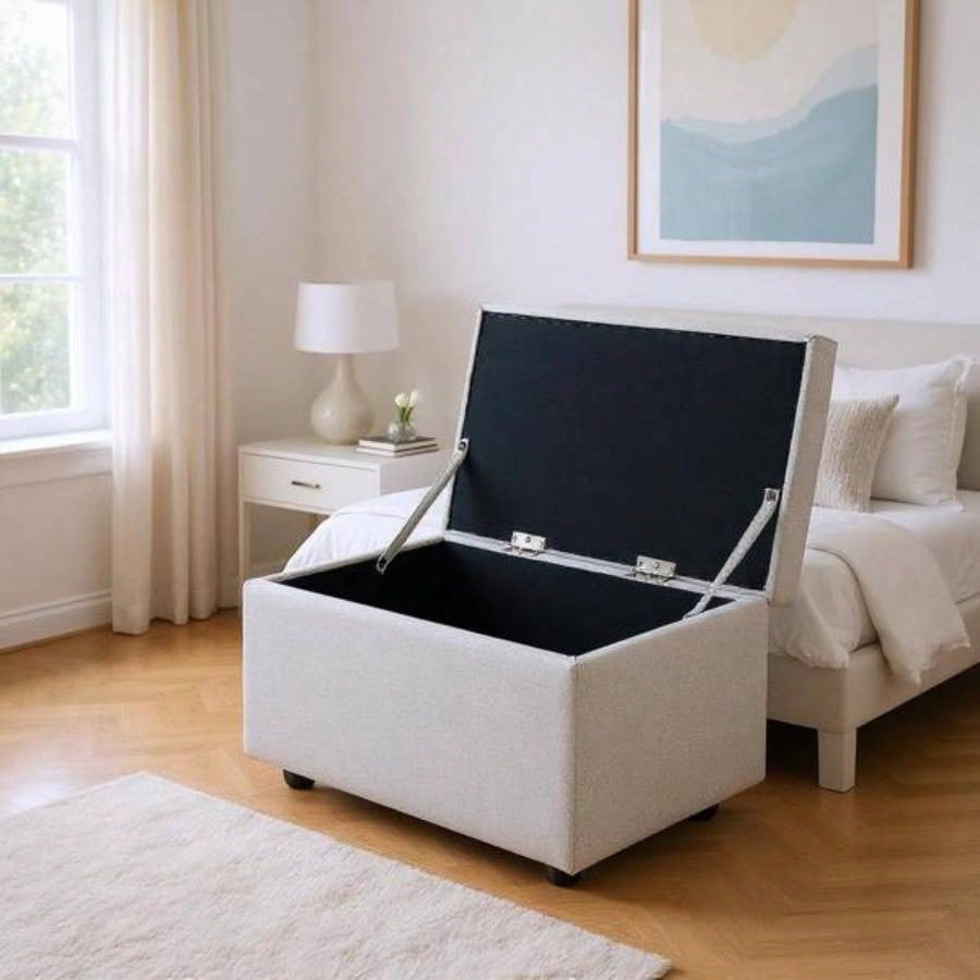 Light Gray Linen - Textured Storage Ottoman with Rubber Feet - 63215; 43215; 43cm Entryway, Bedroom or Living Room