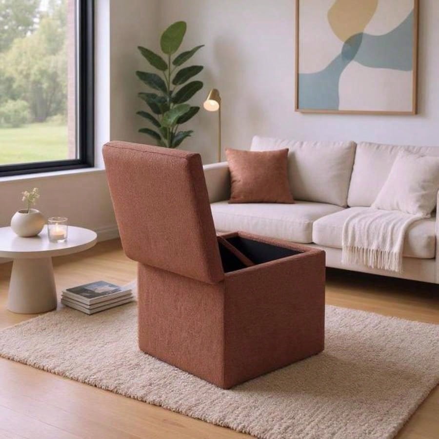 Brown Linen - Textured Storage Ottoman with Black Rubber Feet - Compact Square with Hidden Storage, 42215; 42215; 44cm