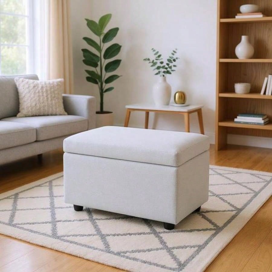Light Gray Linen - Textured Storage Ottoman with Rubber Feet - 63215; 43215; 43cm Entryway, Bedroom or Living Room