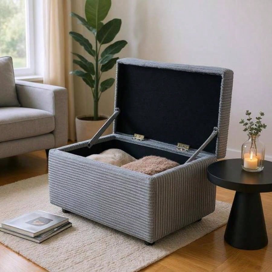 Dark Gray Corduroy Upholstered Storage Ottoman with Black Round Rubber Feet - 63#215; 43#215; 43cm, Hidden Storage with Soft Seating