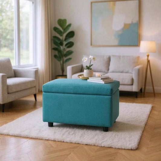 Blue Linen - Textured Storage Ottoman with Rubber Feet - 63215; 43215; 43cm Entryway, Bedroom or Living Room