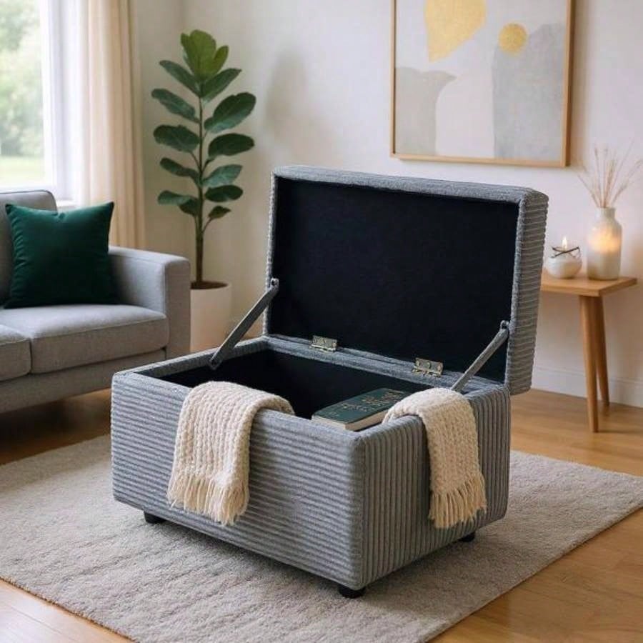 Dark Gray Corduroy Upholstered Storage Ottoman with Black Round Rubber Feet - 63#215; 43#215; 43cm, Hidden Storage with Soft Seating