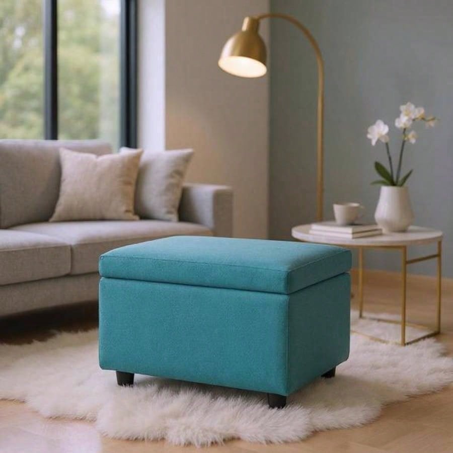 Blue Linen - Textured Storage Ottoman with Rubber Feet - 63215; 43215; 43cm Entryway, Bedroom or Living Room