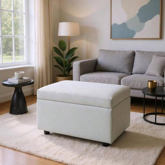 Beige Linen - Textured Storage Ottoman with Rubber Feet - 63215; 43215; 43cm Entryway, Bedroom or Living Room