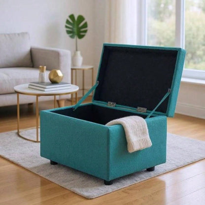 Blue Linen - Textured Storage Ottoman with Rubber Feet - 63215; 43215; 43cm Entryway, Bedroom or Living Room