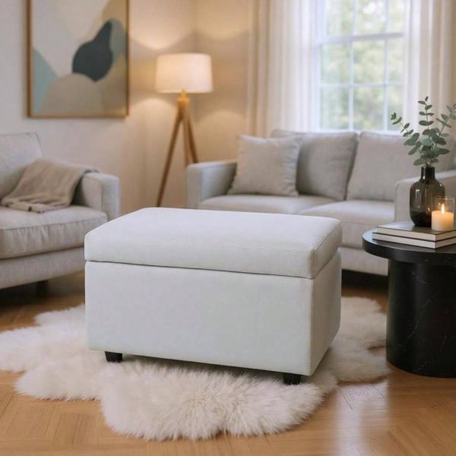 Beige Linen - Textured Storage Ottoman with Rubber Feet - 63215; 43215; 43cm Entryway, Bedroom or Living Room