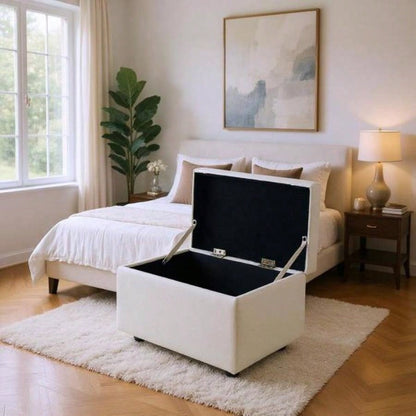 Beige Linen - Textured Storage Ottoman with Rubber Feet - 63215; 43215; 43cm Entryway, Bedroom or Living Room