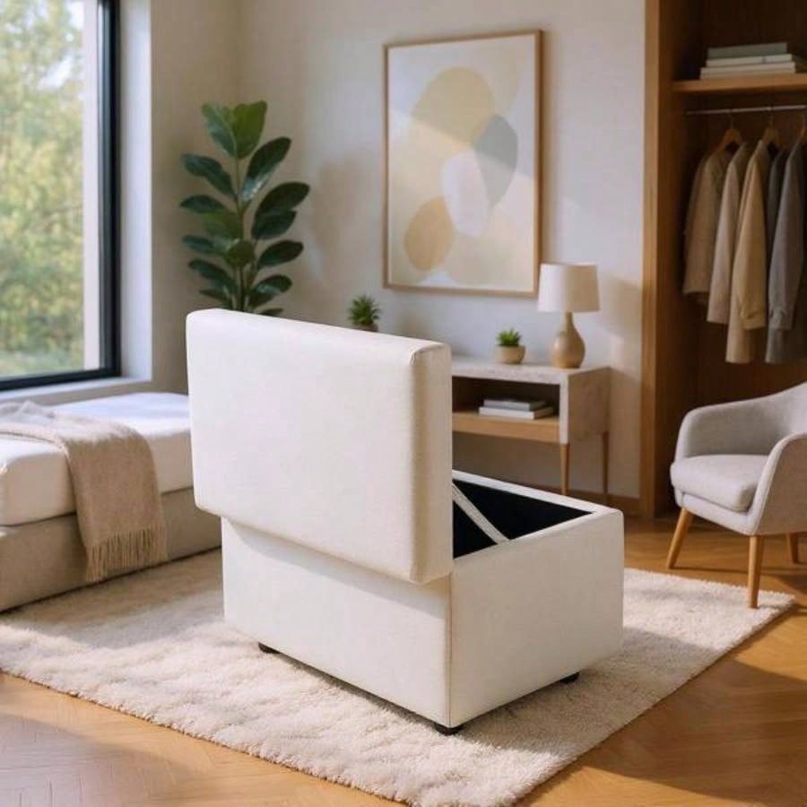 Beige Linen - Textured Storage Ottoman with Rubber Feet - 63215; 43215; 43cm Entryway, Bedroom or Living Room