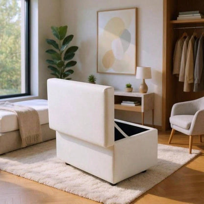 Beige Linen - Textured Storage Ottoman with Rubber Feet - 63215; 43215; 43cm Entryway, Bedroom or Living Room