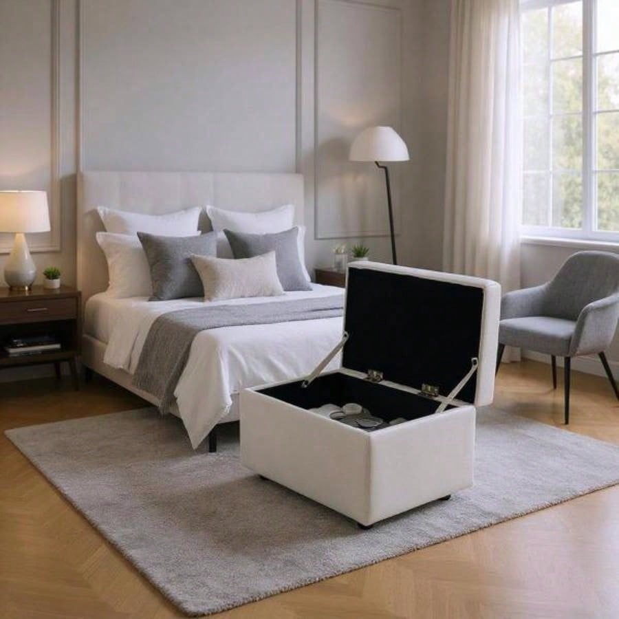 Beige Linen - Textured Storage Ottoman with Rubber Feet - 63215; 43215; 43cm Entryway, Bedroom or Living Room