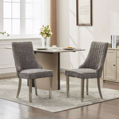 Rayon Cloth Flocking Chenille Dining Chairs Channel Kitchen Dinner Chair Comfy Fabric Upholstered Accent Chair Dining Room with Silver Brushed Stainless Steel, Set of 2 Gray SW1747GY