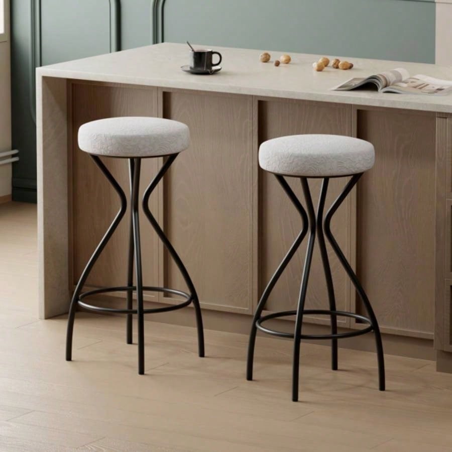 2939; 39; Floral Print Counter Height Bar Stool with Footrest Set of 2 Upholstered Round Barstools Kitchen Dining Room Black White Print