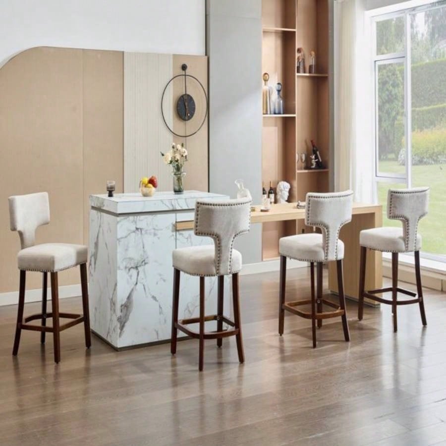 Mid Modern Counter Height Bar Stools Set of 2, Farmhouse Linen Fabric Upholstered Accent Chair Curved Backrest with Copper Nails around, Kitchen Chairs with Hardwood Frame, Beige