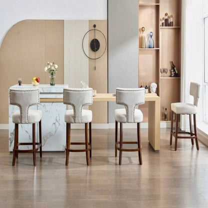 Mid Modern Counter Height Bar Stools Set of 2, Farmhouse Linen Fabric Upholstered Accent Chair Curved Backrest with Copper Nails around, Kitchen Chairs with Hardwood Frame, Beige