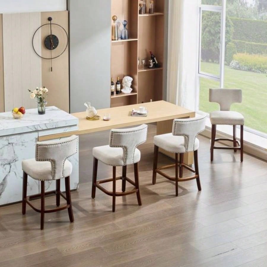 Mid Modern Counter Height Bar Stools Set of 2, Farmhouse Linen Fabric Upholstered Accent Chair Curved Backrest with Copper Nails around, Kitchen Chairs with Hardwood Frame, Beige