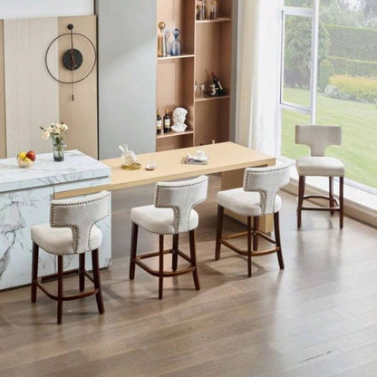 Mid Modern Counter Height Bar Stools Set of 2, Farmhouse Linen Fabric Upholstered Accent Chair Curved Backrest with Copper Nails around, Kitchen Chairs with Hardwood Frame, Beige