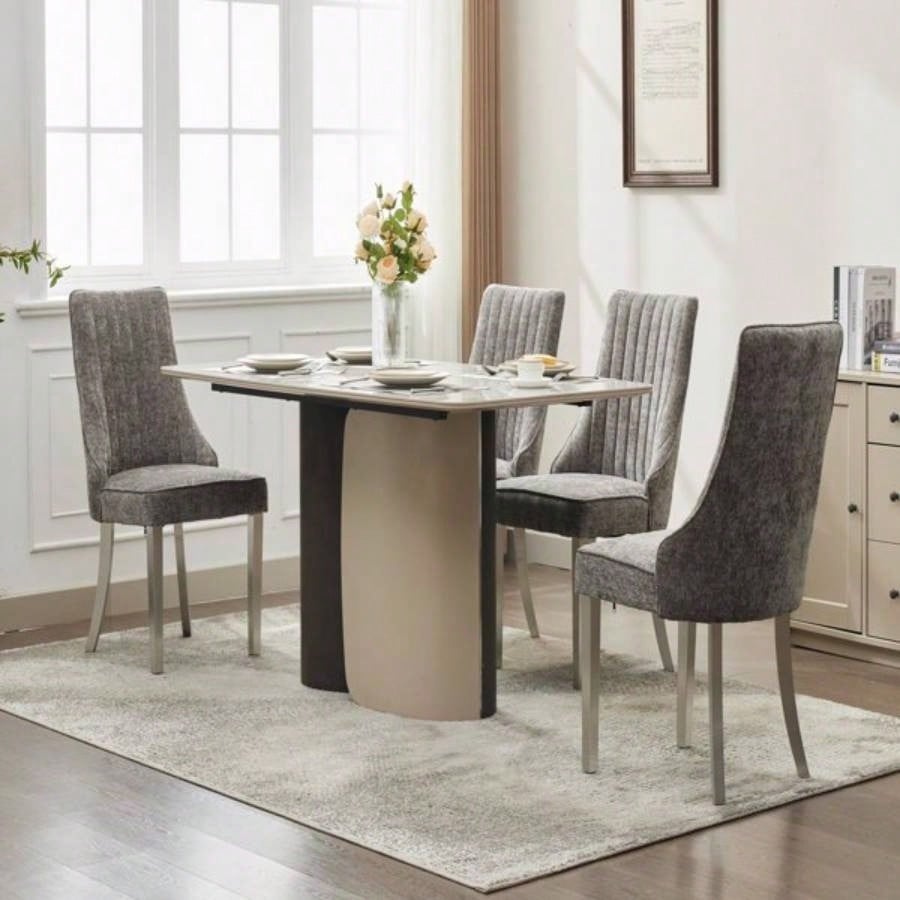 Rayon Cloth Flocking Chenille Dining Chairs Channel Kitchen Dinner Chair Comfy Fabric Upholstered Accent Chair Dining Room with Silver Brushed Stainless Steel, Set of 2 Gray SW1747GY