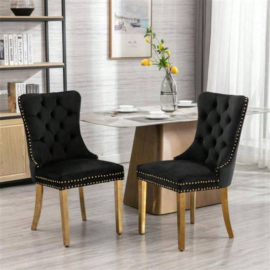 Furniture, Modern, High - end Tufted Solid Wood Contemporary Velvet Upholstered Dining Chair with Golden Stainless Steel Plating, Nailhead Trim, Set of 2 Black and Gold, SW1601BK