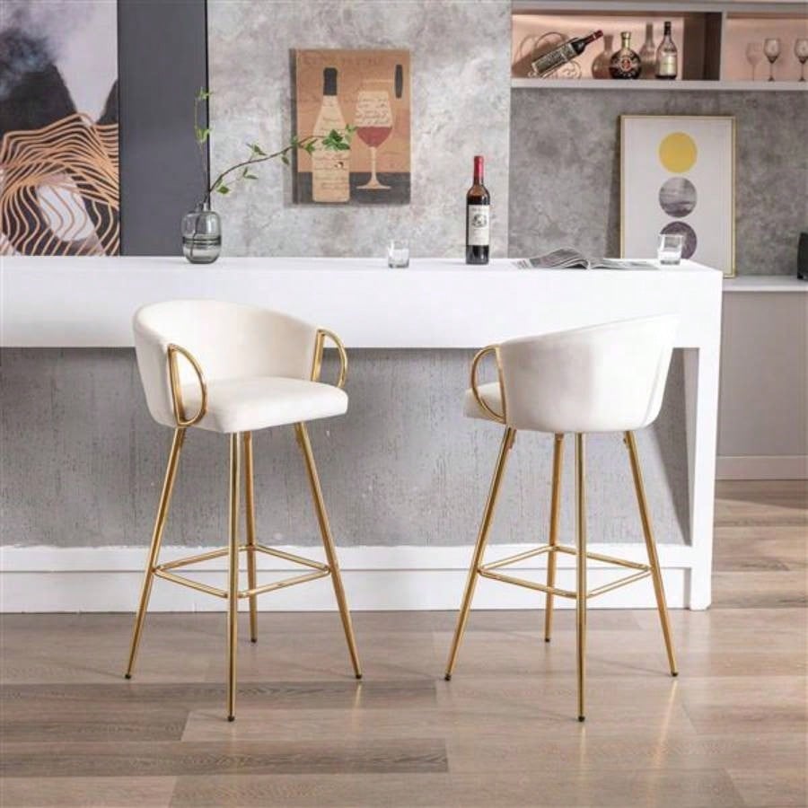 30 Inch Set of 2 Bar Stools, with Footrest and Base Velvet+ Golden Leg Simple Bar Stool,