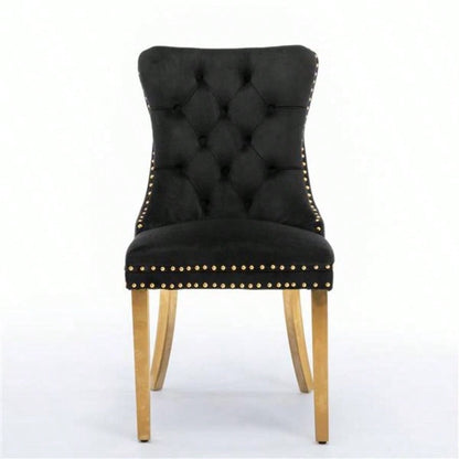 Furniture, Modern, High - end Tufted Solid Wood Contemporary Velvet Upholstered Dining Chair with Golden Stainless Steel Plating, Nailhead Trim, Set of 2 Black and Gold, SW1601BK