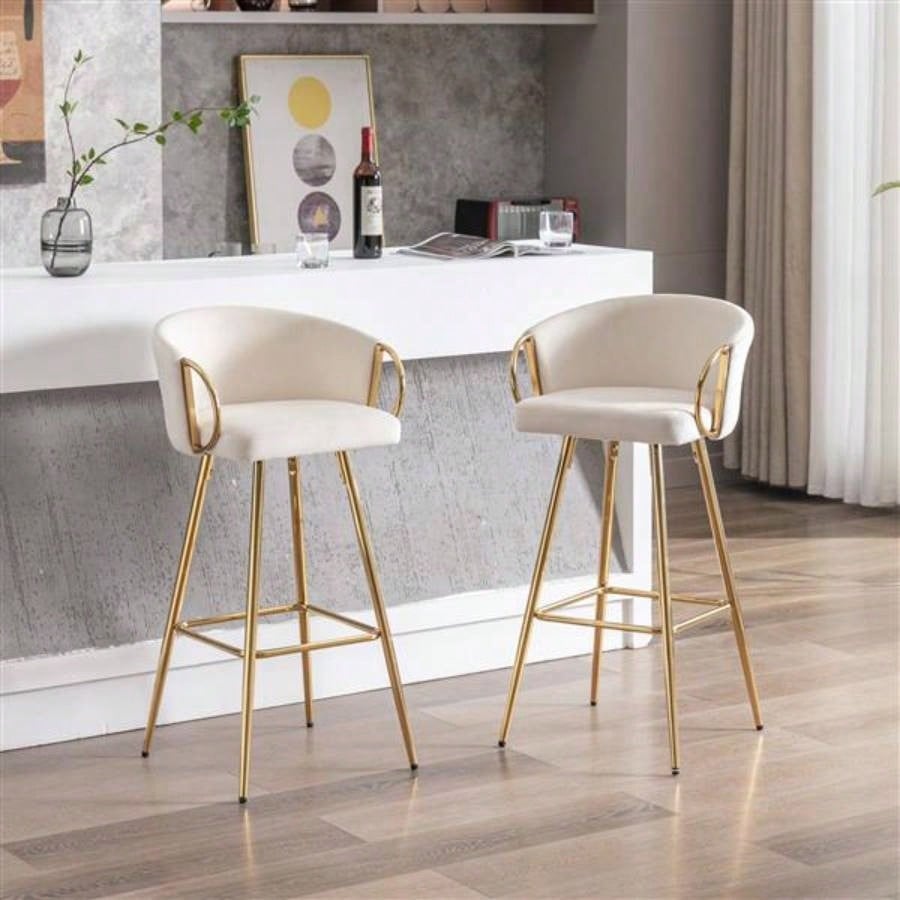 30 Inch Set of 2 Bar Stools, with Footrest and Base Velvet+ Golden Leg Simple Bar Stool,