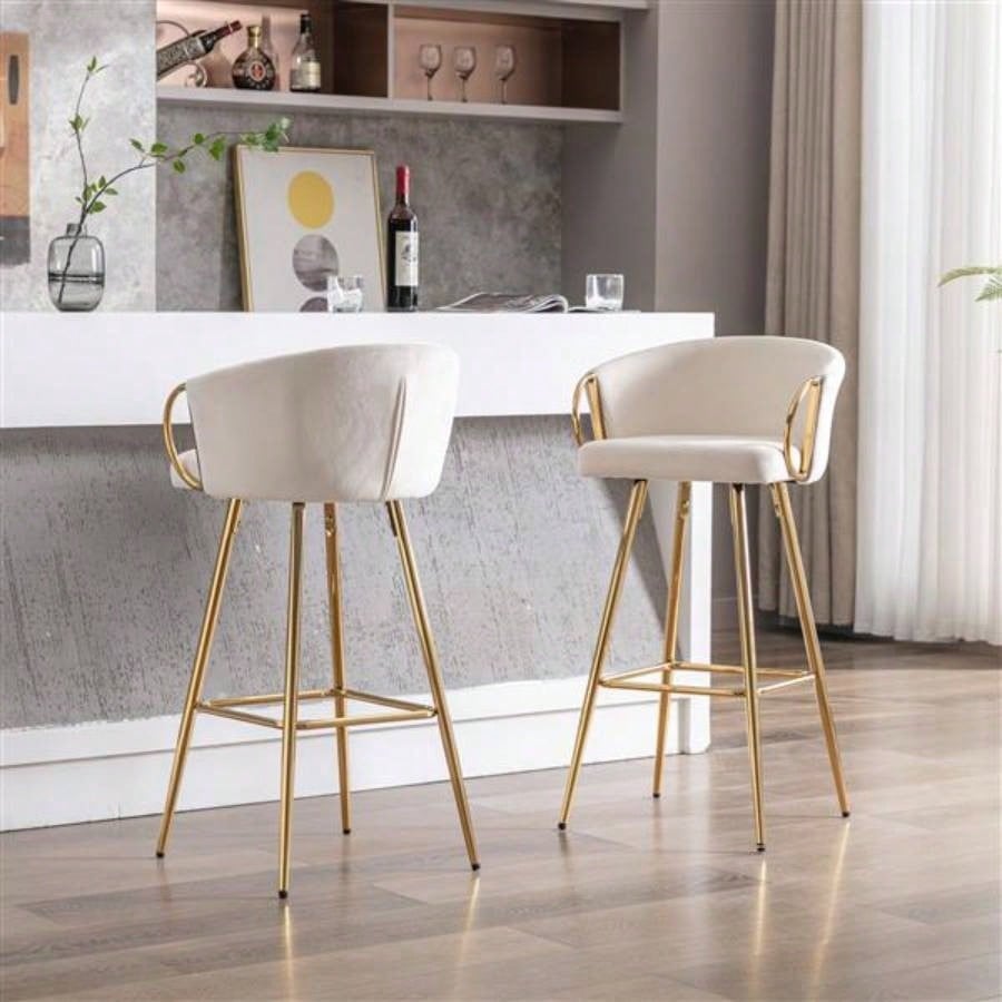 30 Inch Set of 2 Bar Stools, with Footrest and Base Velvet+ Golden Leg Simple Bar Stool,