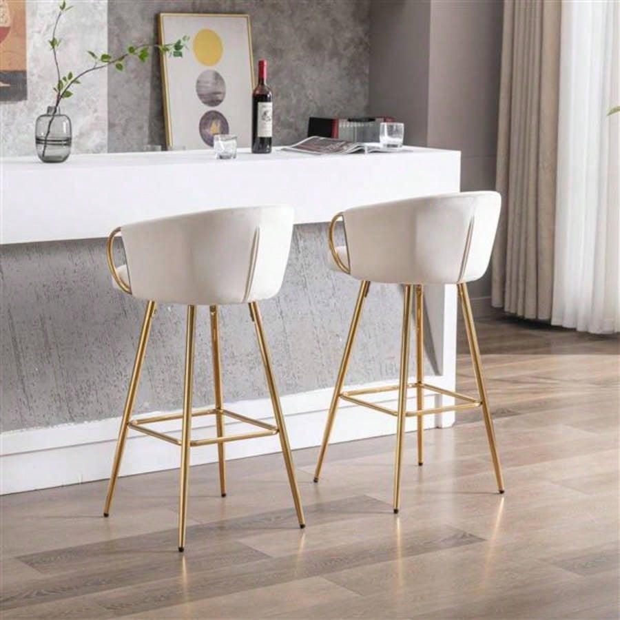 30 Inch Set of 2 Bar Stools, with Footrest and Base Velvet+ Golden Leg Simple Bar Stool,