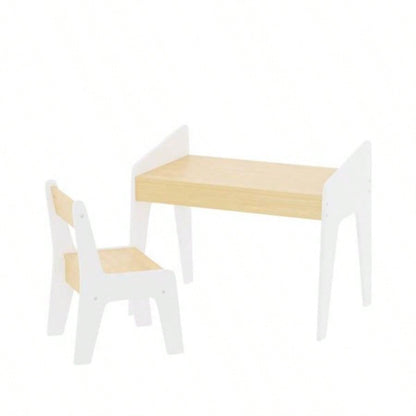 Kids Table Set with One Chair, Wooden Children Study Table, 2 - 8 Age Kids Funiture, White+Natural