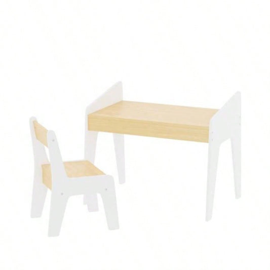 Kids Table Set with One Chair, Wooden Children Study Table, 2 - 8 Age Kids Funiture, White+Natural