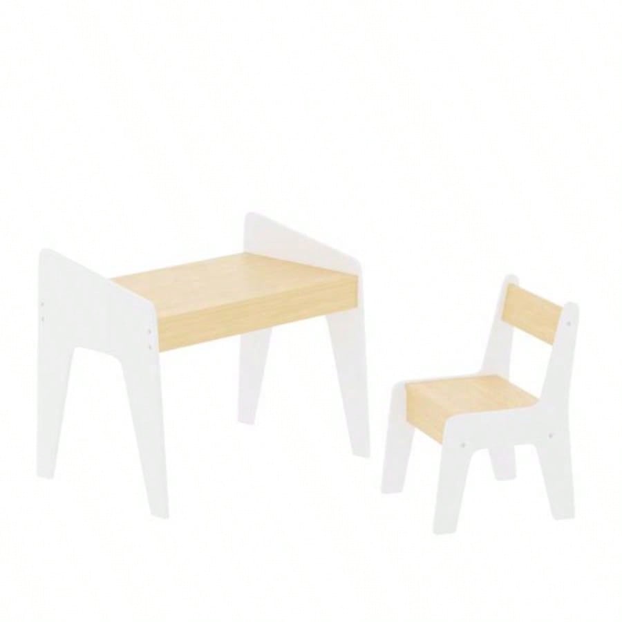 Kids Table Set with One Chair, Wooden Children Study Table, 2 - 8 Age Kids Funiture, White+Natural