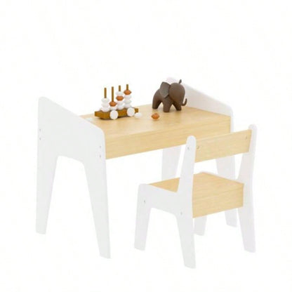 Kids Table Set with One Chair, Wooden Children Study Table, 2 - 8 Age Kids Funiture, White+Natural