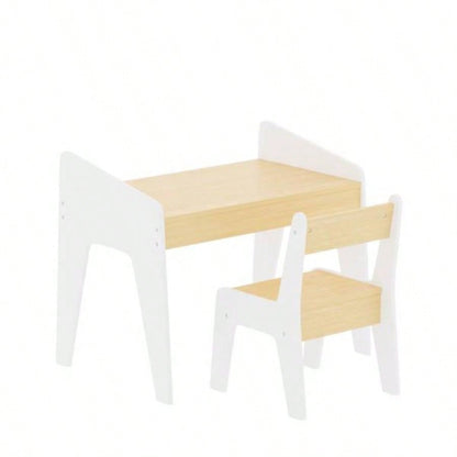 Kids Table Set with One Chair, Wooden Children Study Table, 2 - 8 Age Kids Funiture, White+Natural