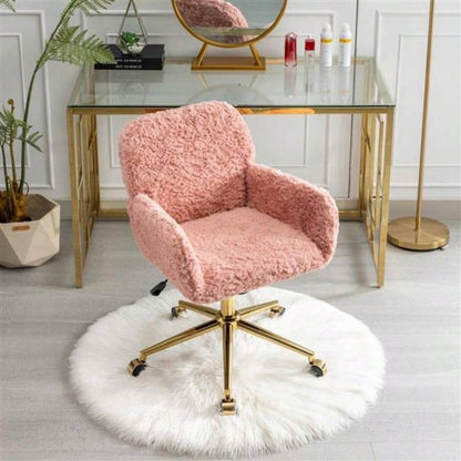 Furniture Office Chair, Artificial rabbit hair Home Office Chair with Golden Metal Base, Adjustable Desk Chair Swivel Office Chair, Vanity ChairPink