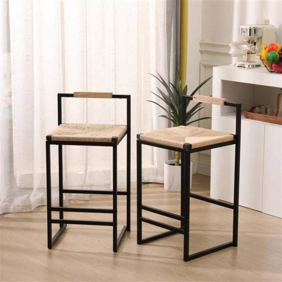 Set of 2 Bar Stools with Back Paper Rope Woven Counter Height Dining Chairs Kitchen, Home Paper Rope with Back