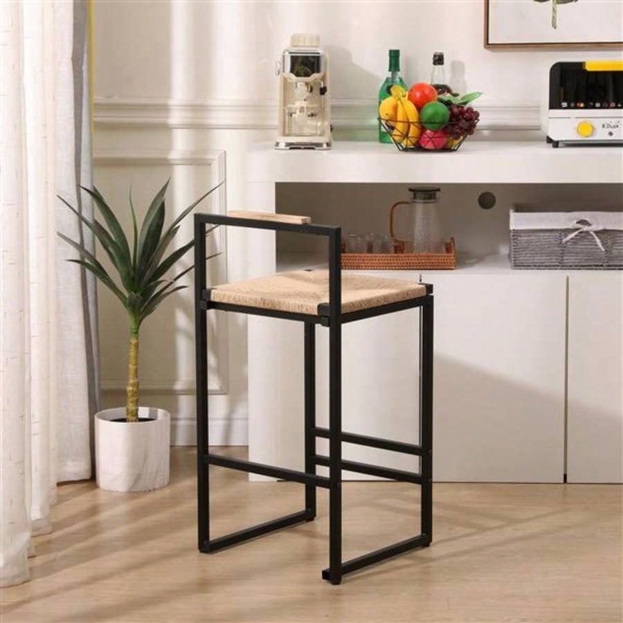 Set of 2 Bar Stools with Back Paper Rope Woven Counter Height Dining Chairs Kitchen, Home Paper Rope with Back