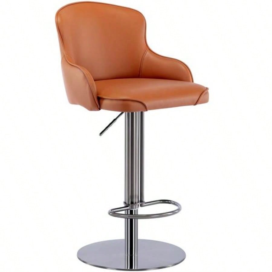 Black Titanium Stainless Steel Bar Stools, Grade Modern Leather Bar Chair with Backrest, Swivel Adjustable Height Kitchen Counter and Dining Room Brown 1pc